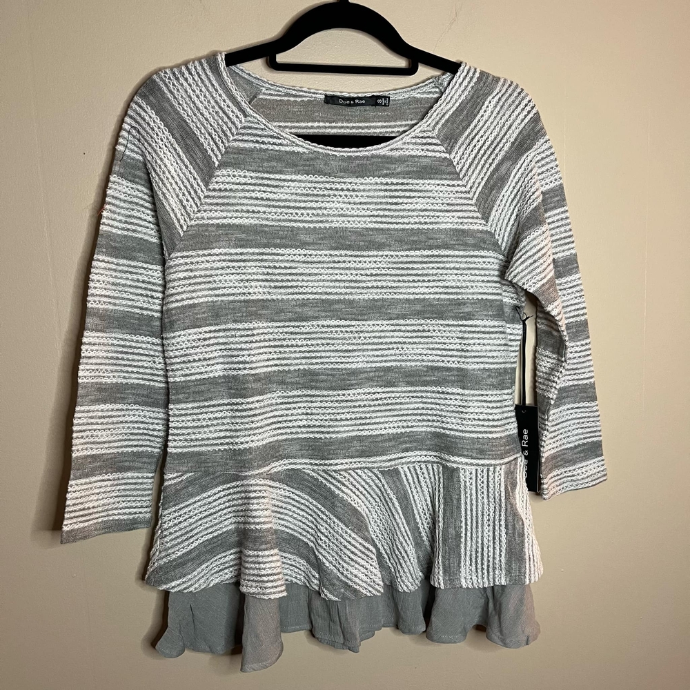 Doe & Rae Grey and White Striped Ruffle Long Sleeve Oversized Babydoll Tee